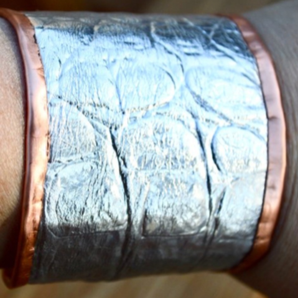 Copper Real Leather Silver Crocodile Cuff Bracelet - Picture 3 of 6